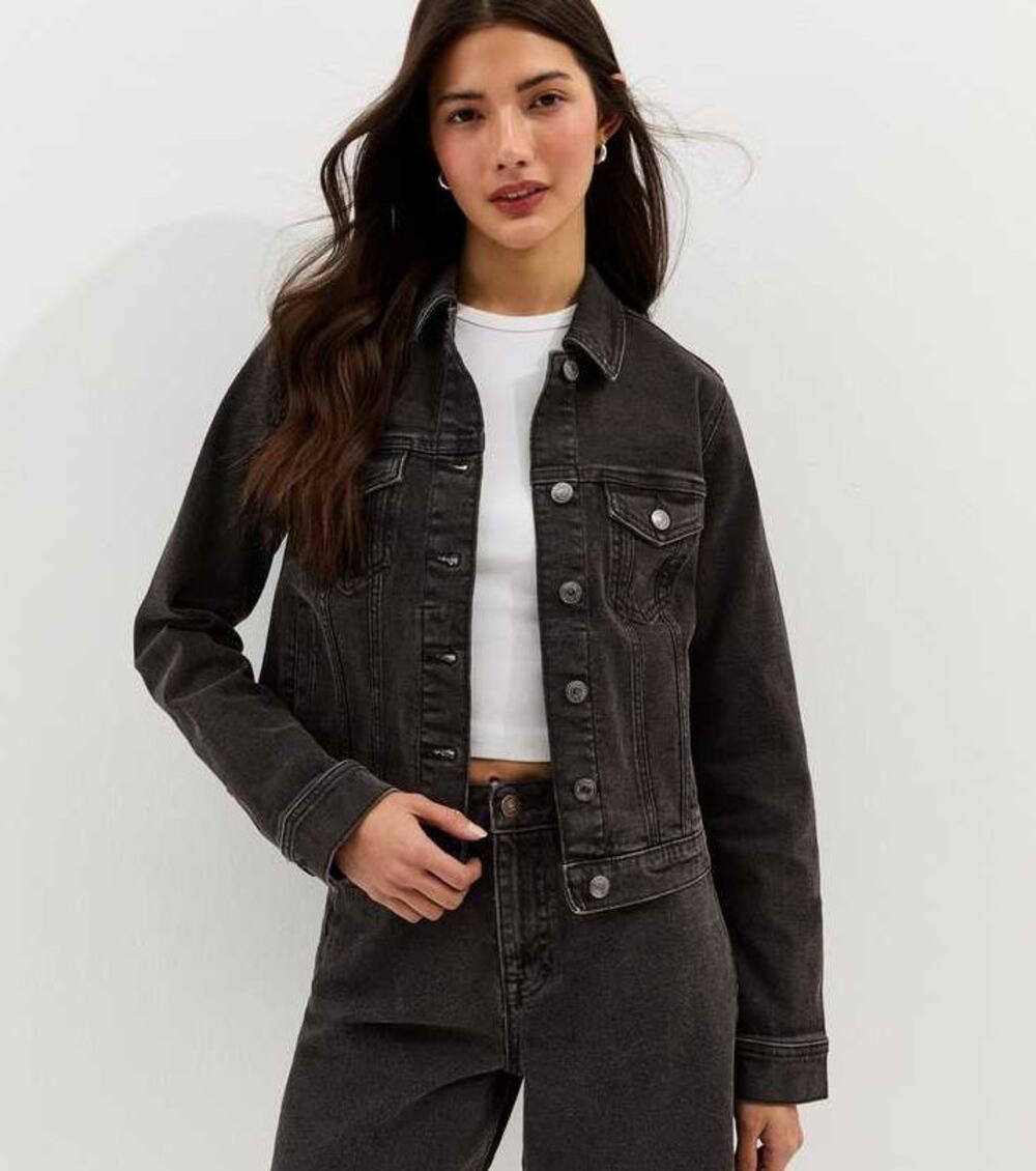 New Look Curves‎ Distressed Denim Trucker Jacket Women Size 16 Black Faded Wash